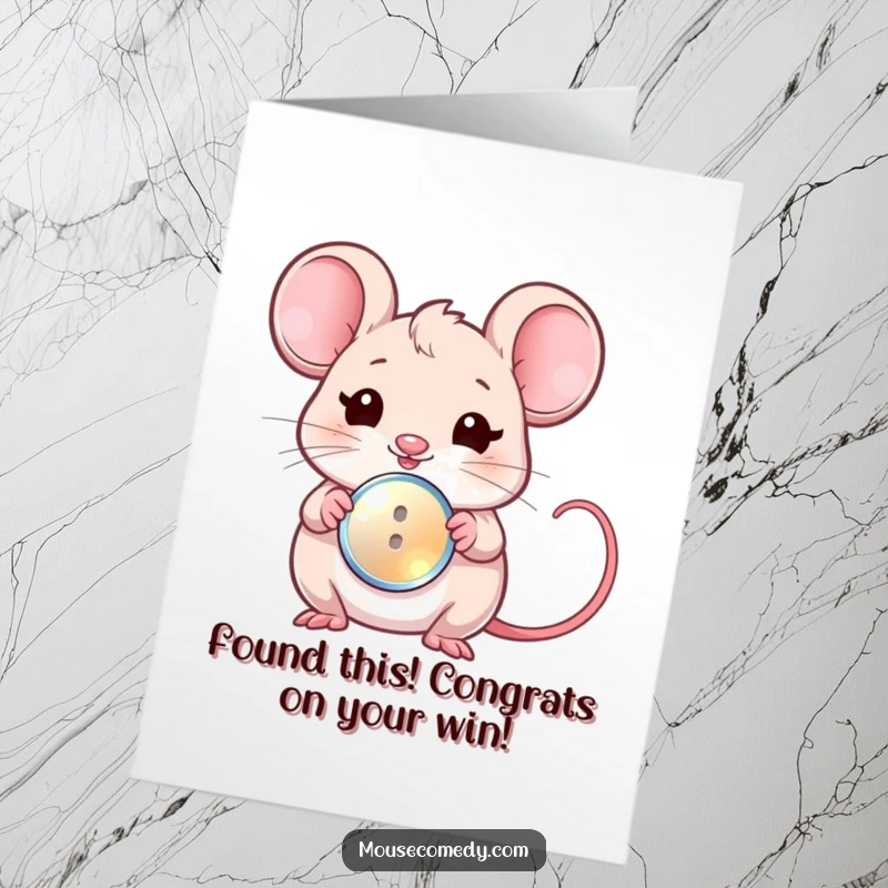 Funny free printable congratulations card showing a cute mouse winking and presenting a small, shiny button, symbolizing a special gift.