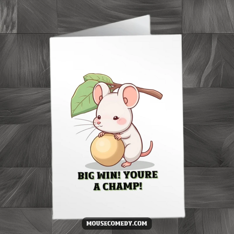 Funny Free Printable Congratulations Card showing a mouse valiantly trying to move an oversized seed, representing a challenging success.