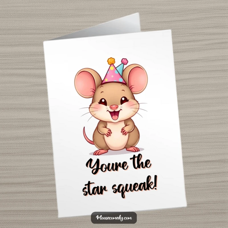 Funny Free Printable Congrats Card: A mouse cub in a party hat squeaks excitedly, celebrating your success. Cheerful downloadable art.