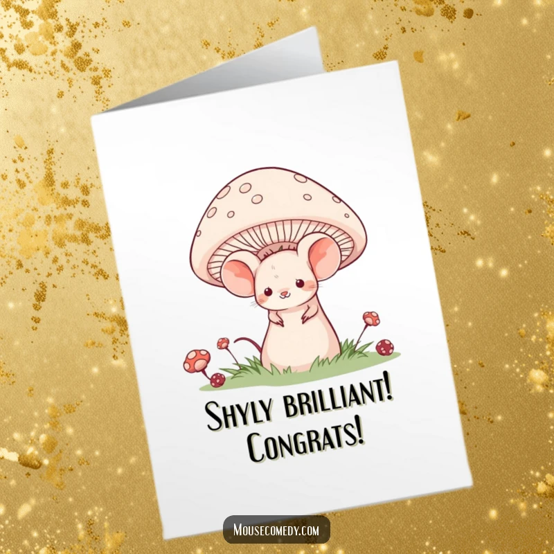 Funny Free Printable Congratulations Card showing a shy mouse hiding behind a mushroom, celebrating a subtle victory.