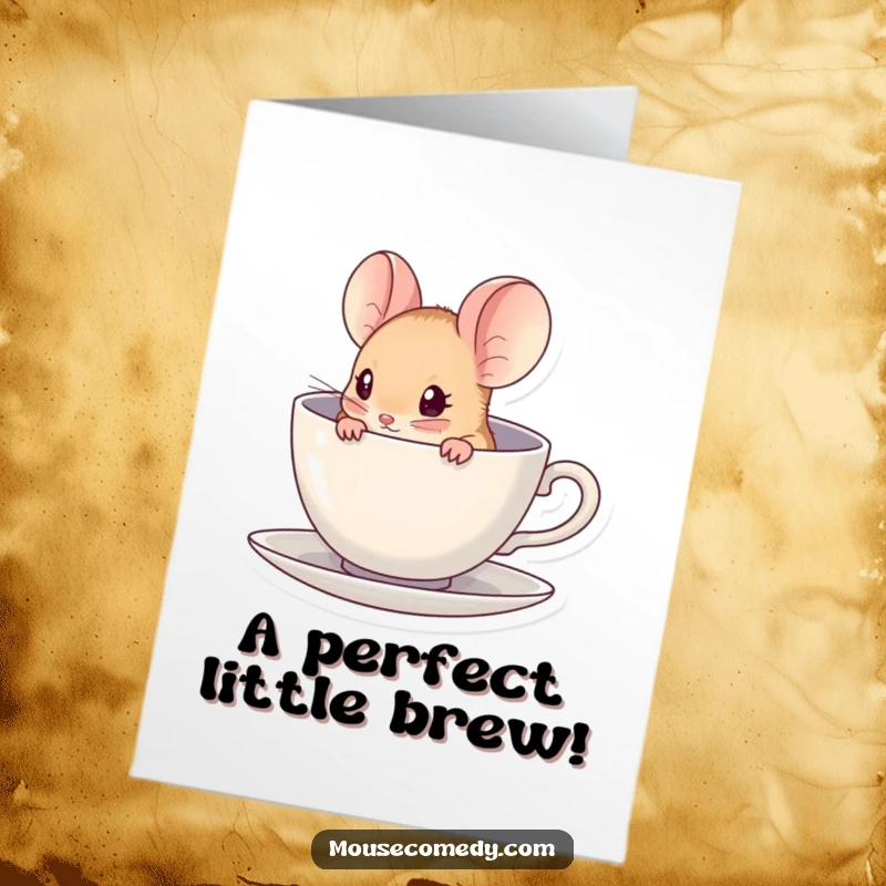 Funny free printable congrats card: A kawaii mouse peering out from inside a very small, elegant teacup. Cheers!