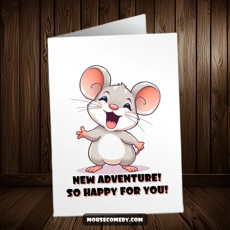 Funny free printable congratulations card with an excited mouse poised to explore, conveying eagerness and anticipation for new journeys.