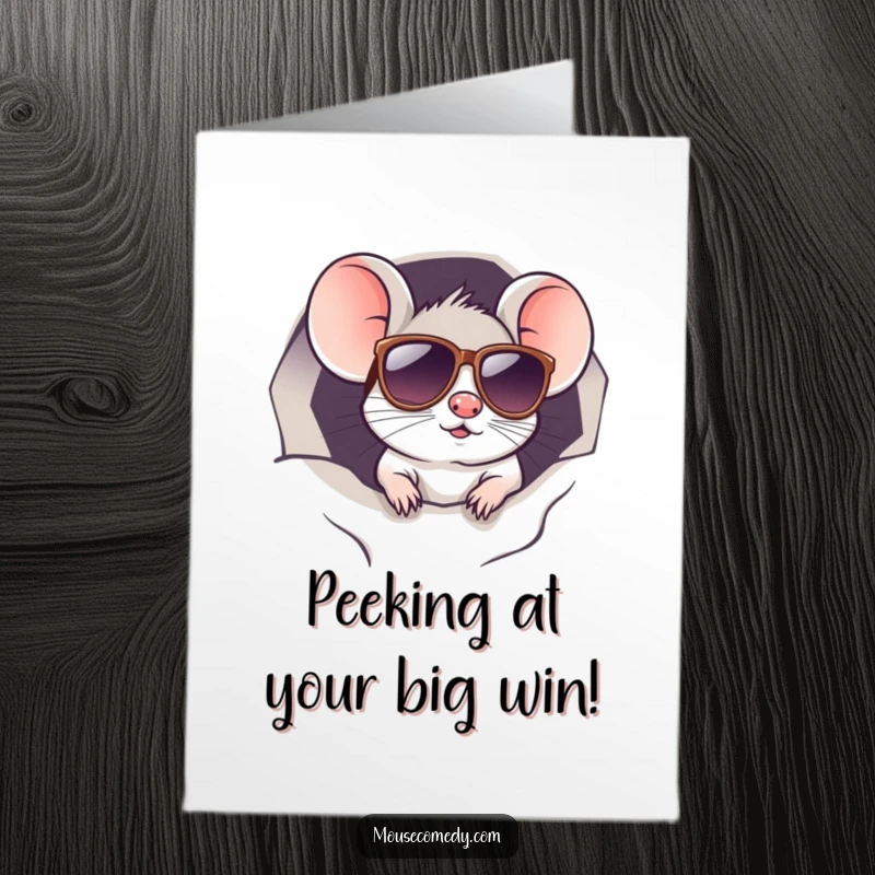 Funny free printable congratulations card: kawaii mouse wearing cool sunglasses peeks from a small hole, celebrating achievements.