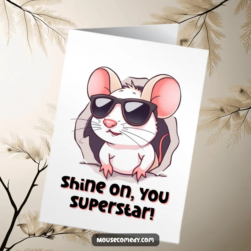 Funny Free Printable congratulations card featuring a kawaii mouse in stylish sunglasses, peeking out from a tiny hole.