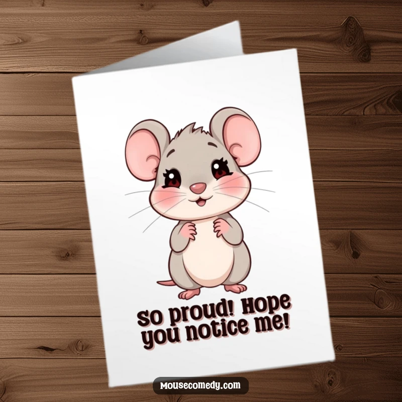 Funny free printable congratulations card with a friendly mouse giving a shy, expectant look, conveying hopeful wishes for their achievement.
