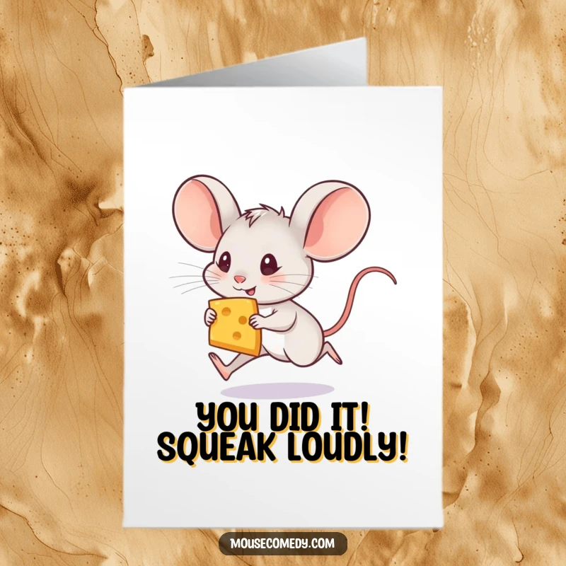 Funny Free Printable Congratulations Card: A tiny mouse with big ears dashes with a slice of cheese, celebrating success.