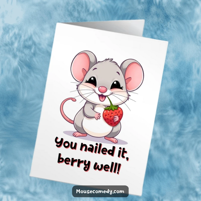 Funny Free Printable Congratulations Card: A mouse giggling while perfectly balancing a berry on its nose.