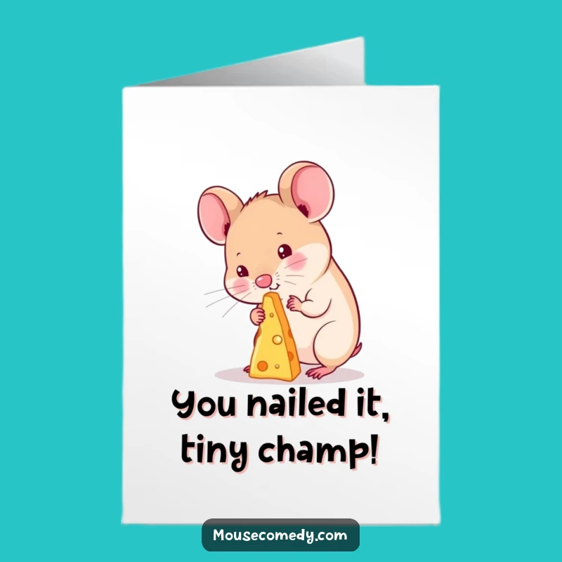 Free Printable Congrats Card: Kawaii Mouse Cheese Balancing - Funny Downloadable