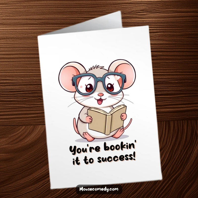 Funny Free Printable Congrats Card: A kawaii mouse in oversized glasses proudly holds a tiny book, celebrating success.