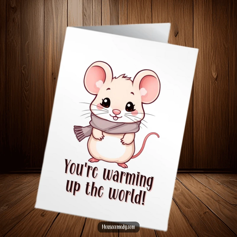 Funny free printable congrats card: A cute kawaii mouse wearing a small scarf, looking chilly yet very happy. Yay!
