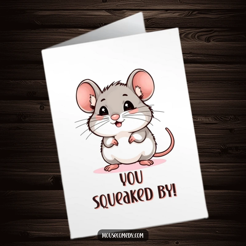 Funny free printable congratulations card showing a cheerful mouse with twitching whiskers sniffing the celebratory air.