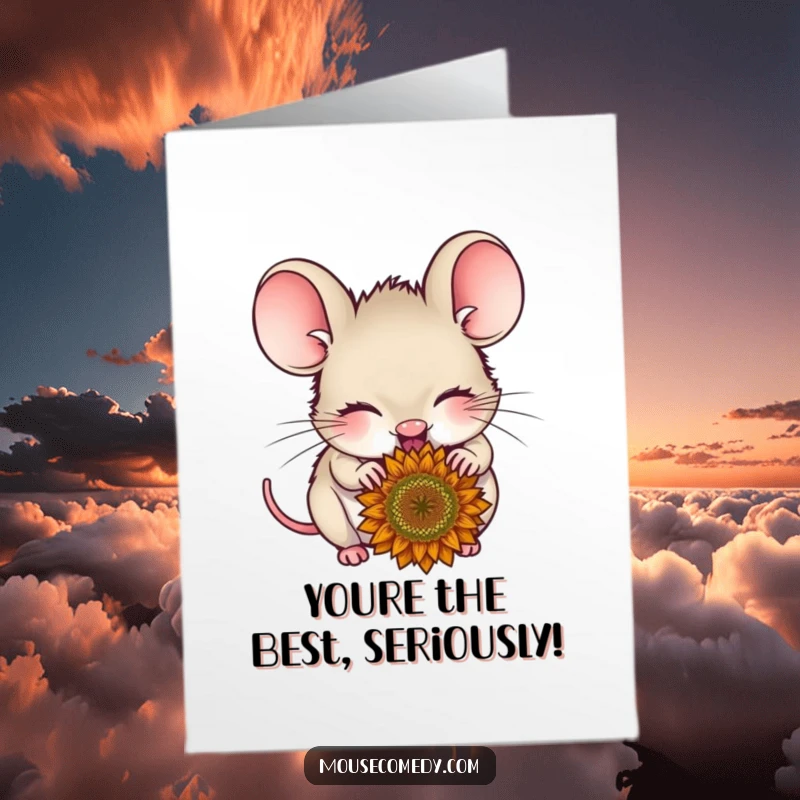 Funny Free Printable Congratulations Card: A delighted mouse with closed eyes nibbling on a sunflower seed, celebrating your win.