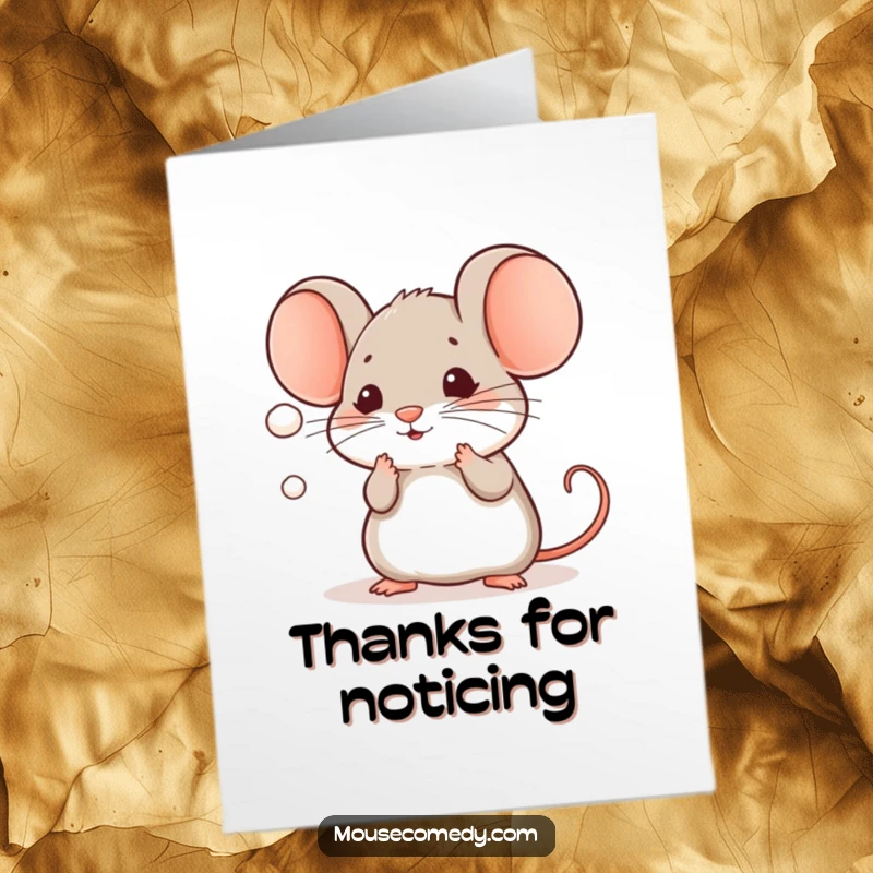 Sweet free printable thank you card of a kawaii mouse joyfully batting at a tiny, floating dust mote.