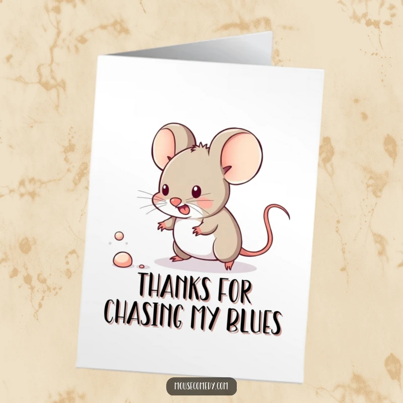 Funny free printable thank you card: A kawaii mouse zealously hunting a minuscule speck of dust. So cute!