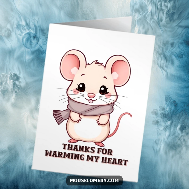 Funny free printable thank you card: A kawaii mouse in a tiny scarf, looking delightfully cold but cheerful. So thoughtful!