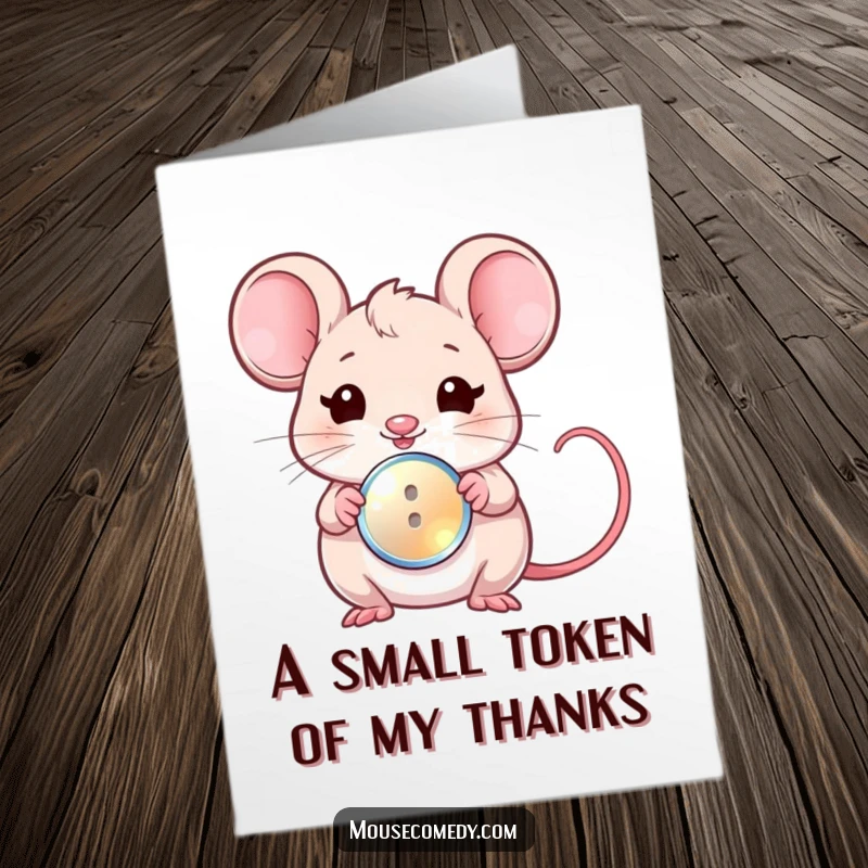 Funny free printable thank you card with a kawaii mouse winking suggestively while offering a tiny, gleaming button, a token of thanks.