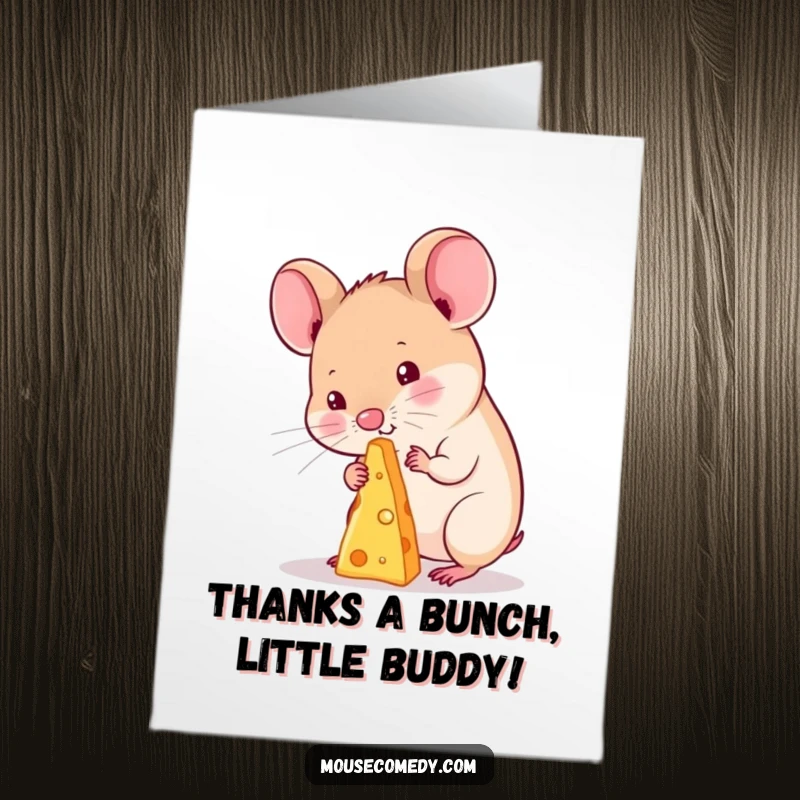 Funny Free Printable thank you card featuring a kawaii mouse expertly balancing a tiny cheese speck on its nose.