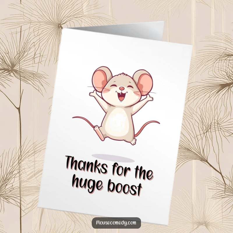 Funny Free Printable Thank You Card: A happy mouse makes a joyful leap, a cheerful downloadable gift.