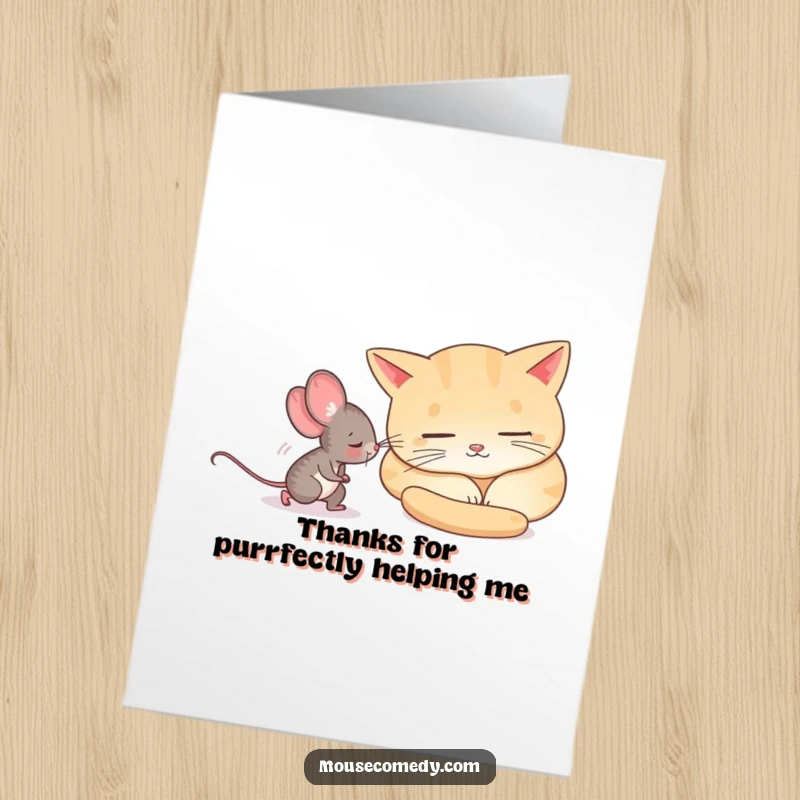 Funny Free Printable Thank You Card: Curious mouse tiptoeing silently, cat sleeps soundly, a humorous act of thanks.