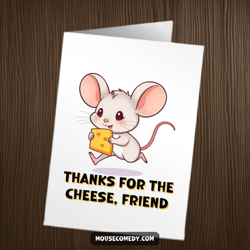 Funny Free Printable Thank You Card: A small mouse with giant ears zooms by with a cheese slice expressing thanks.