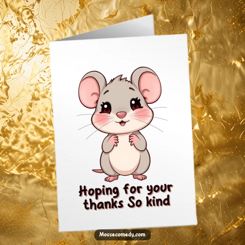 Funny free printable thank you card showing a friendly mouse with a shy, expectant gaze, offering sincere thanks with a hopeful heart.
