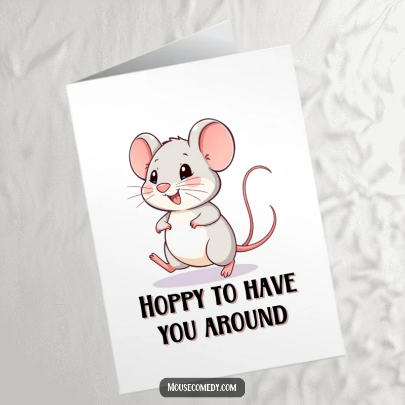 Funny Free Printable Thank You Card: A happy mouse does a little hop with its tail wagging, expressing thanks.