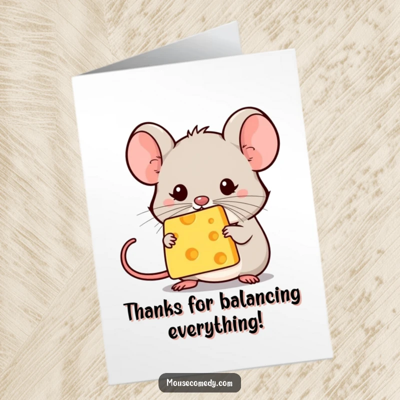 Funny free printable thank you card showing a kawaii mouse concentrating hard to balance a tiny piece of cheese on its nose.