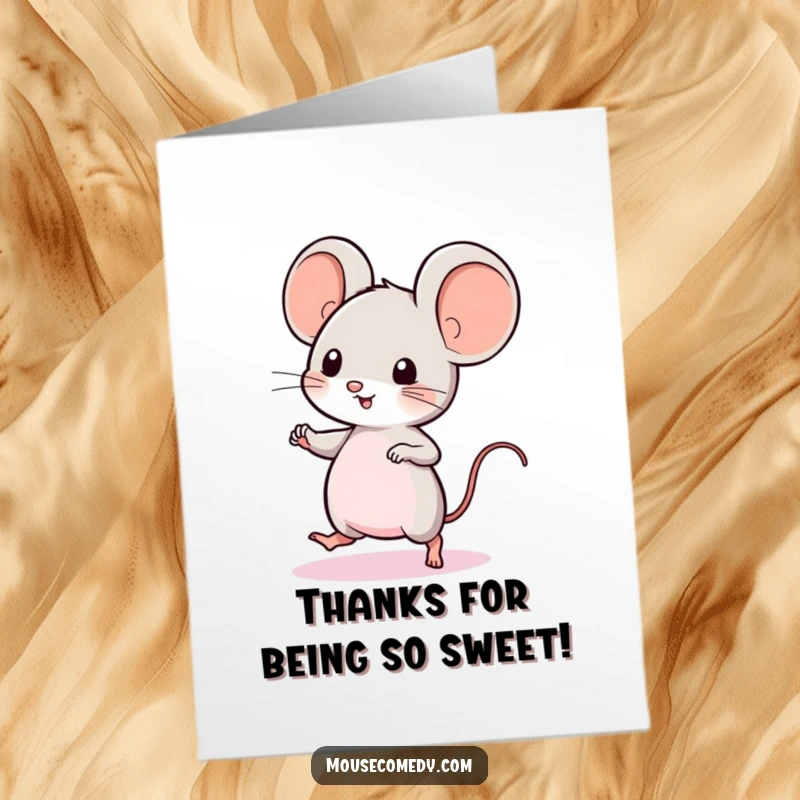 Funny Free Printable Thank You Card: A kawaii mouse with big ears does a cute, quick dance to show sincere appreciation.