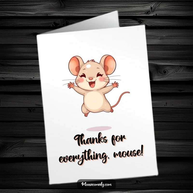Funny Free Printable Thank You Card: A tiny mouse leaps with energetic bounds, expressing heartfelt gratitude with joy.