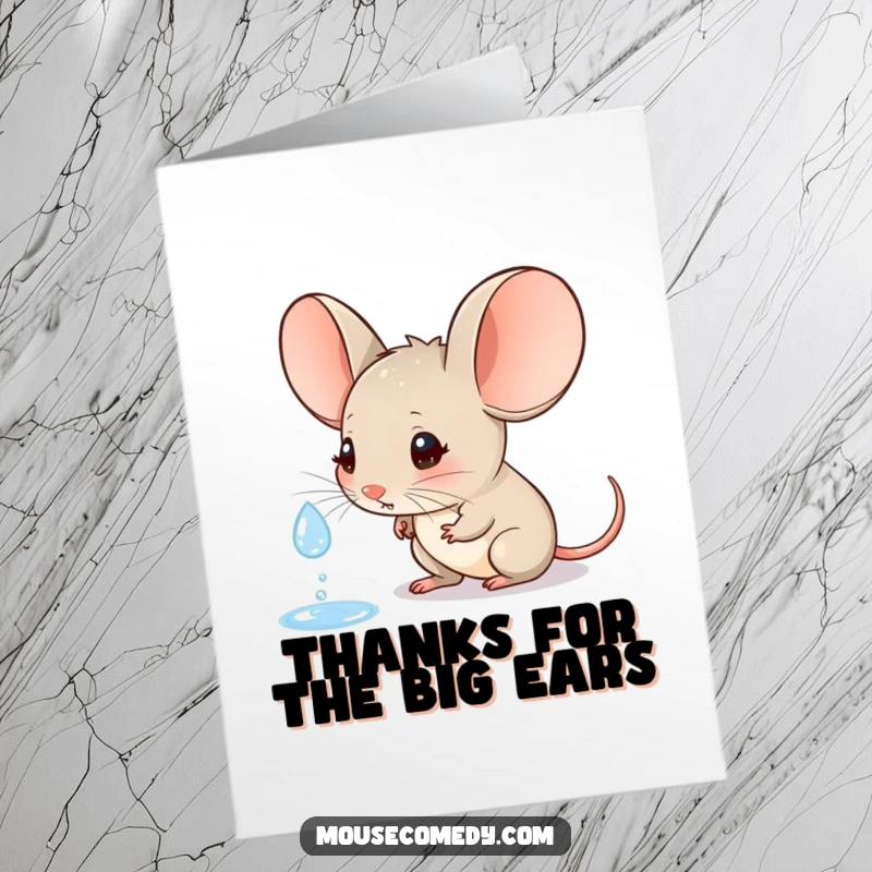 Funny Free Printable Thank You Card: A little mouse with large ears curiously watching a raindrop, expressing gratitude.