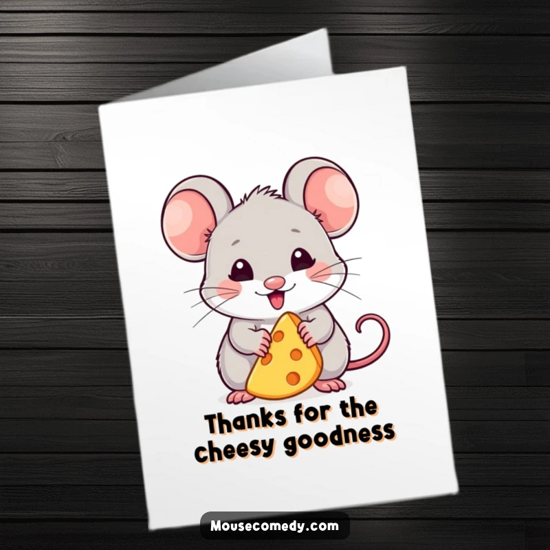 Funny Free Printable Thank You Card: Contented kawaii mouse enjoying a small wedge of cheese.
