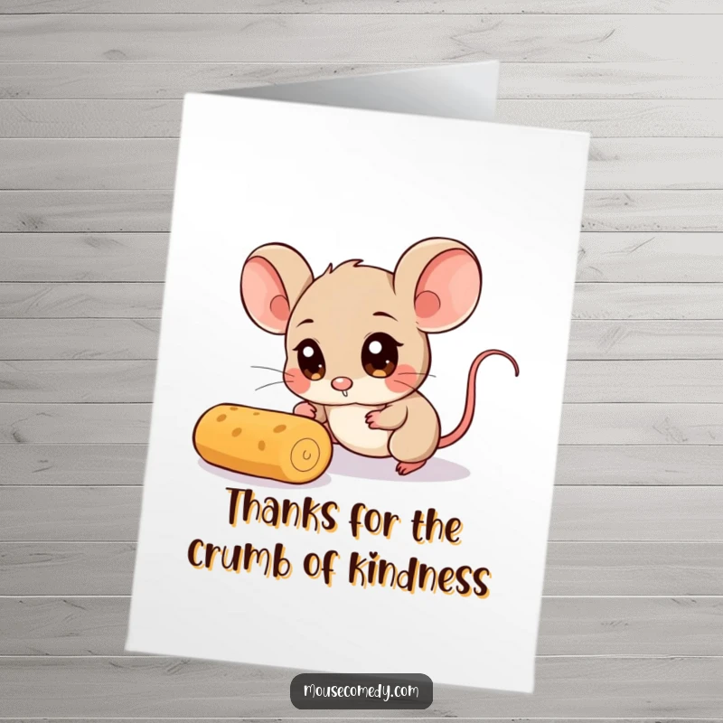 Funny Free Printable Thank You Card: A cute mouse with eager eyes chases a tiny rolling crumb. Sweet downloadable art.