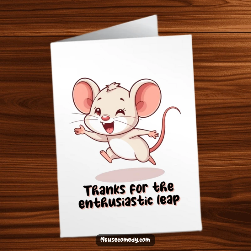 Funny Free Printable Thank You Card: An energetic mouse cub leaps enthusiastically, expressing thanks. Lively downloadable art.