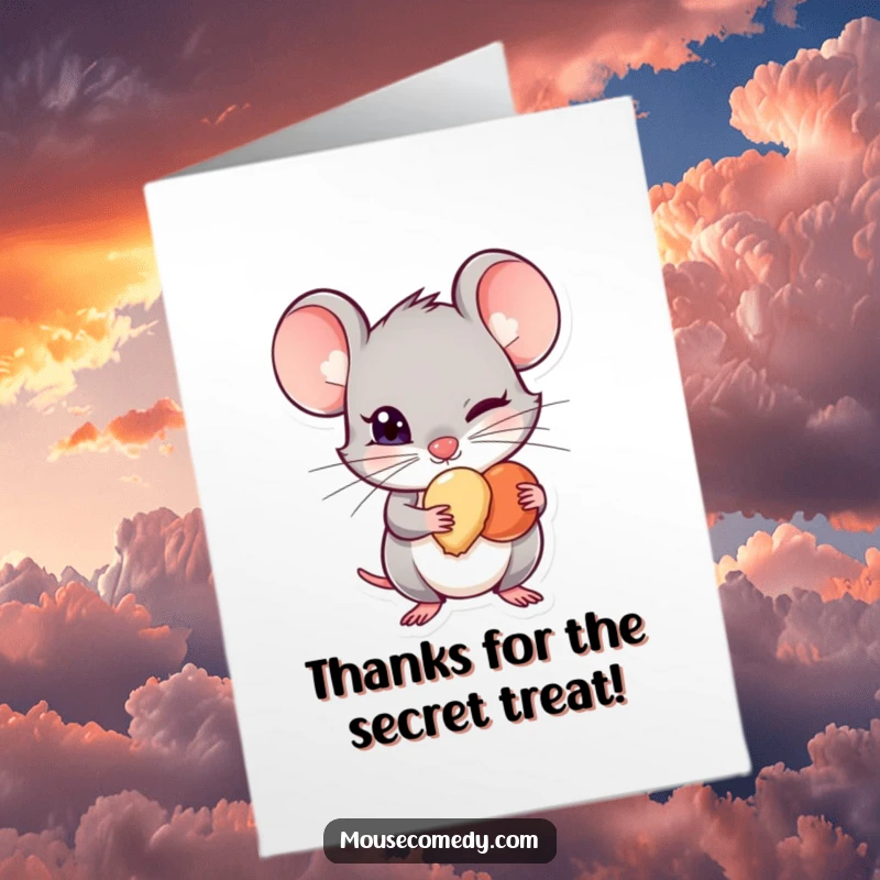 Funny free printable thank you card: A mouse with a mischievous glint hides a tiny treat, offering thanks secretly.
