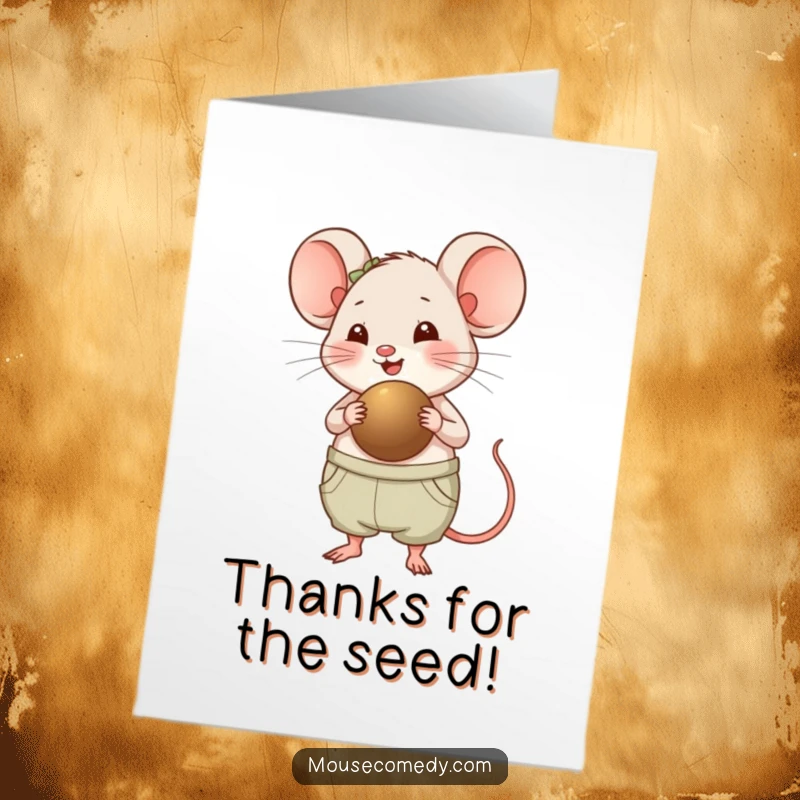 Funny free printable thank you card: Chubby mouse with a happy pant, carrying a large seed, conveying thanks.