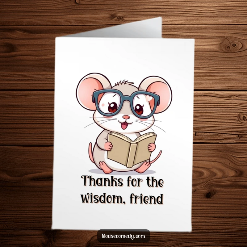 Funny Free Printable Thank You Card: A studious kawaii mouse in large glasses reads a tiny book, offering thanks.
