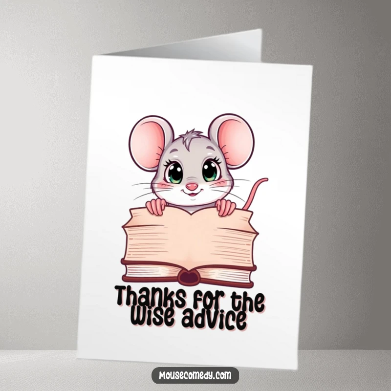 Funny Free Printable Thank You Card: Curious kawaii mouse with wide eyes looking over a large book.