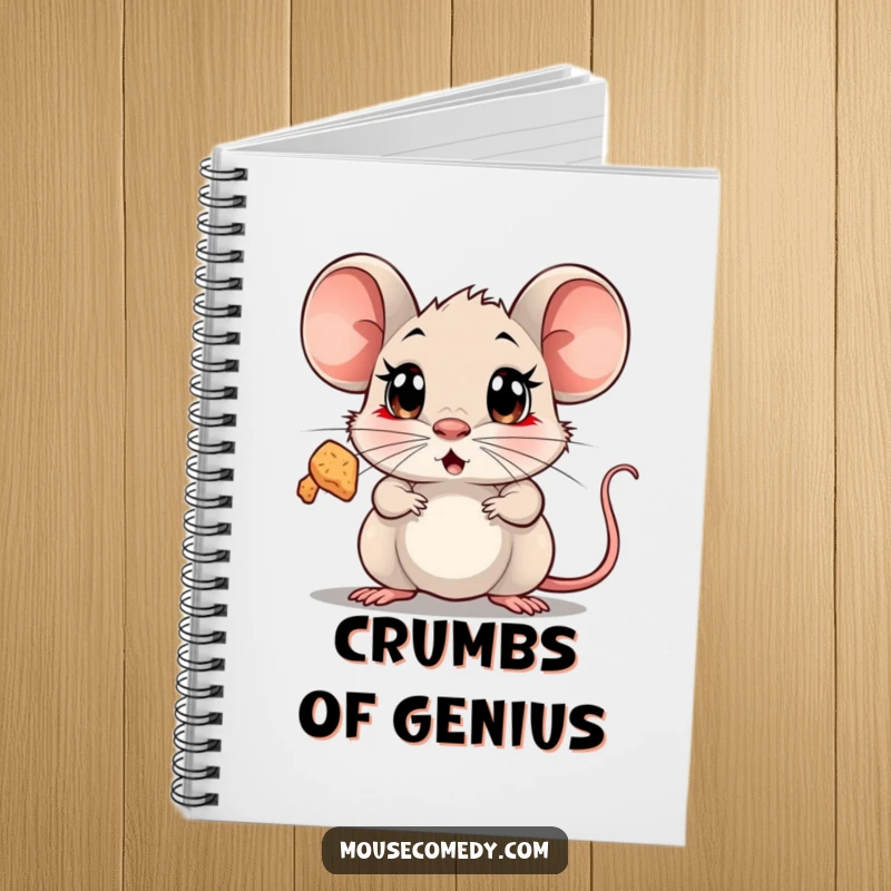 Funny Surprised Mouse Notebook cover showing a mouse with wide, shocked eyes looking up in amazement at a floating, sparkling crumb.