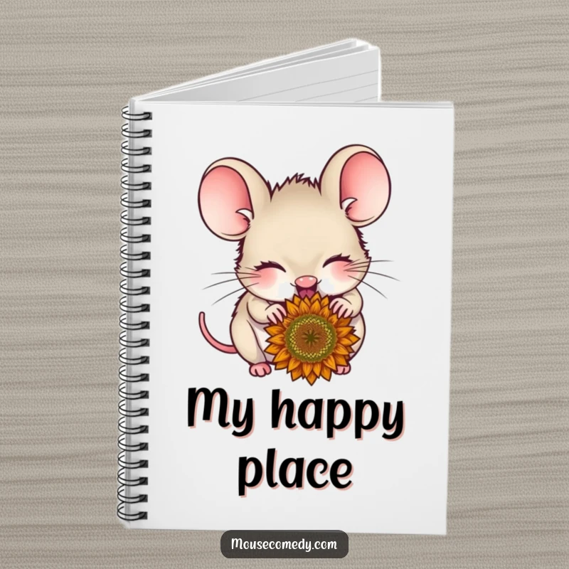 Funny delighted mouse notebook cover, showing a small mouse with closed eyes blissfully eating a sunflower seed, inspiring joy.