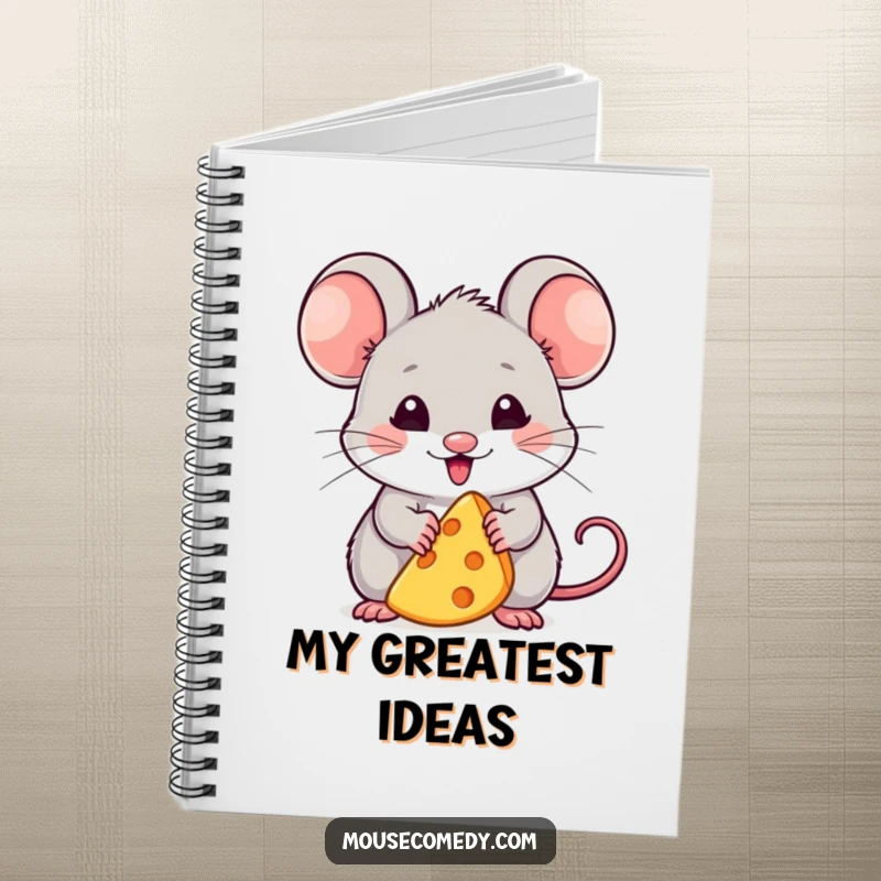 Funny notebook with a kawaii mouse looking incredibly pleased holding a small cheese wedge, ideal for journaling about food and happy thoughts.