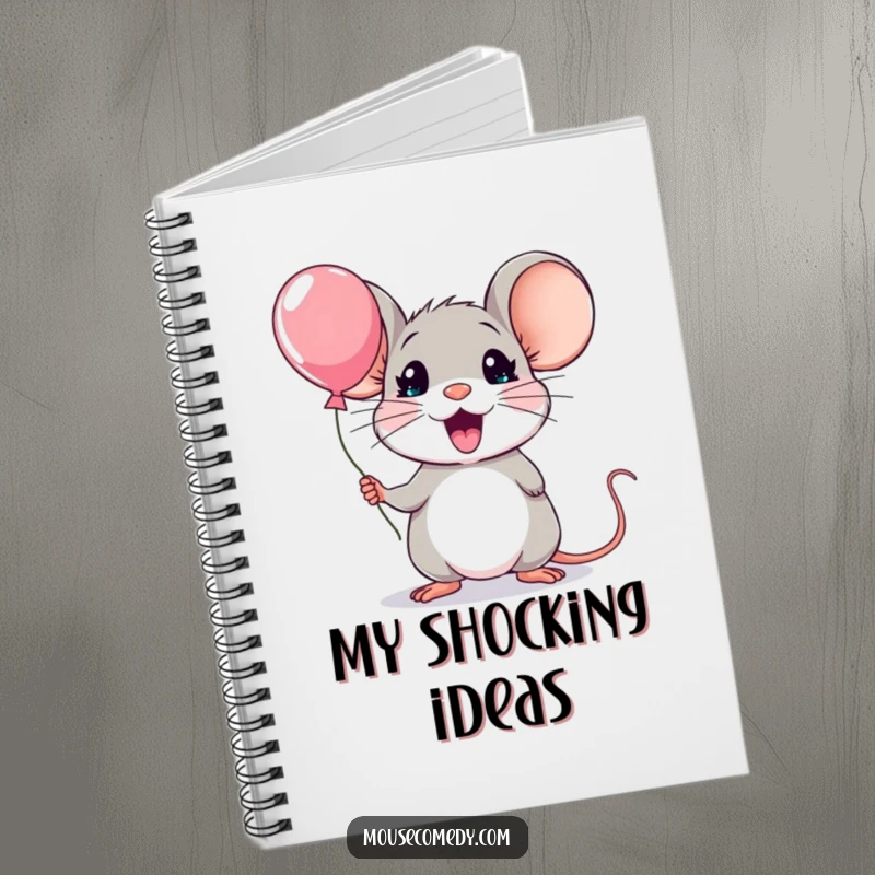 Funny kawaii mouse notebook, featuring a mouse with comically surprised eyes and an open mouth, holding a tiny balloon.