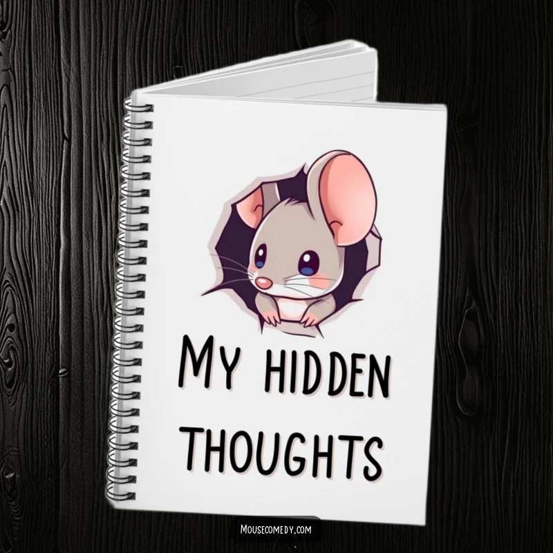 Funny notebook cover art of a mouse peeking out from a minuscule hole, ready for your curious notes.