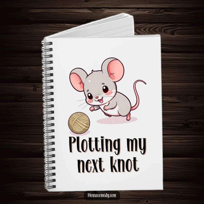 Funny notebook with a kawaii mouse enthusiastically playing with a ball of string, inspiring creative thoughts and fun note-taking.