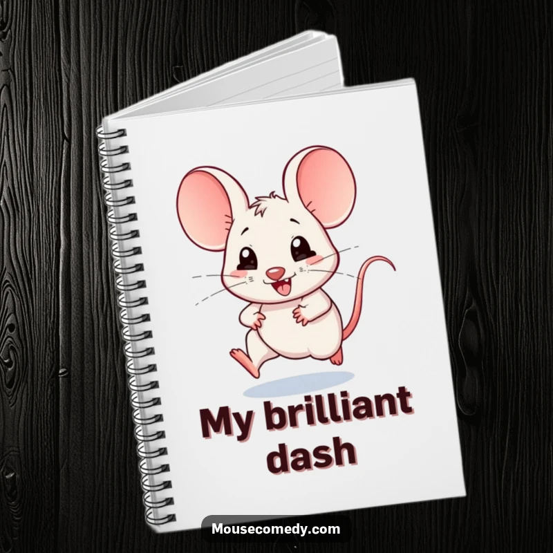 Funny notebook with a kawaii mouse, large ears flying, scampering fast, ideal for jotting down fast thoughts and creative ideas humorously.