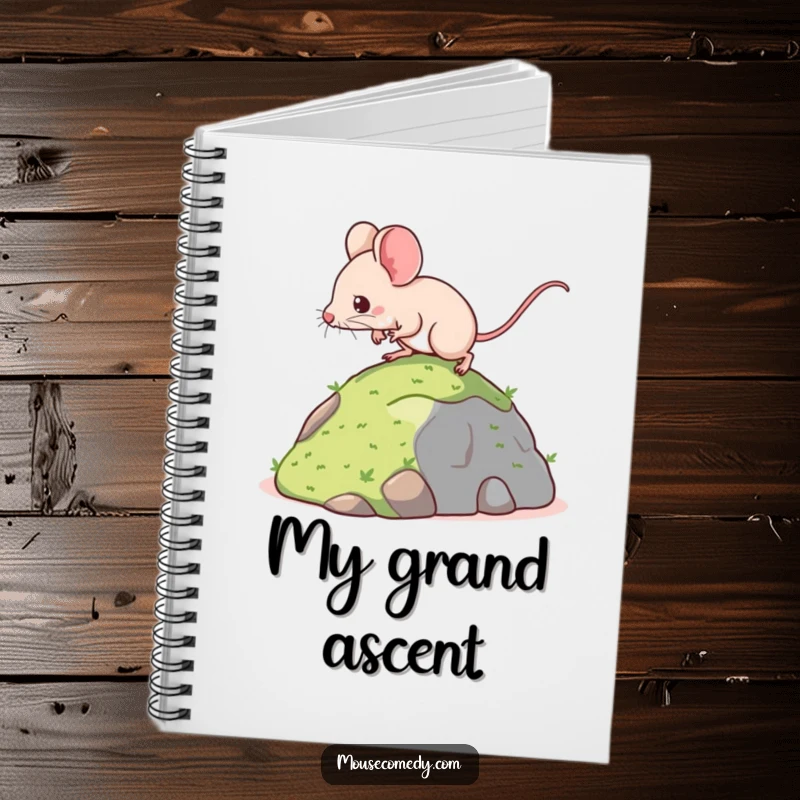 Funny notebook with a determined kawaii mouse climbing a miniature hill, perfect for journaling about goals, progress, and achievements.