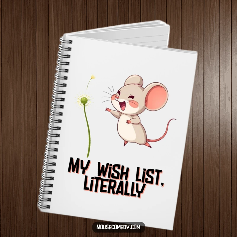 Funny notebook with a joyful mouse leaping to catch a floating dandelion seed, inspiring hopeful thoughts and creative note-taking.