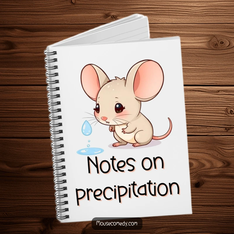 Funny notebook with a little mouse with large ears curiously watching a raindrop, inspiring deep thoughts and creative note-taking.