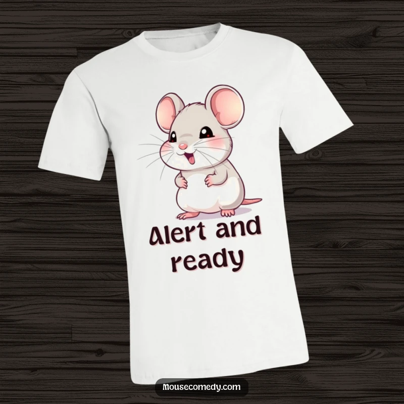 Funny t-shirt print of a mouse with whiskers twitching eagerly, intently focused on an unseen sound, embodying alertness and curiosity.