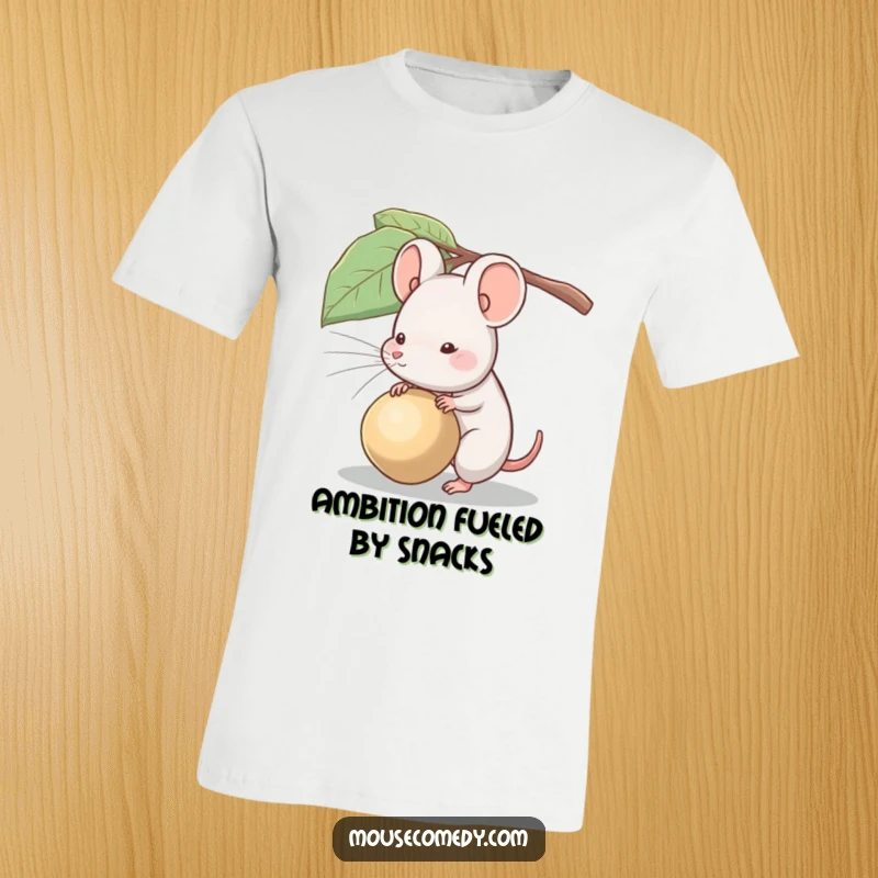 Funny t-shirt design of a small mouse heroically attempting to carry an enormous seed, showcasing sheer effort.