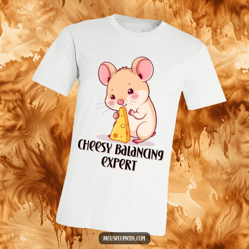 Funny kawaii mouse t-shirt, intensely focused on balancing a minuscule piece of cheese on its tiny nose, looking utterly charming.